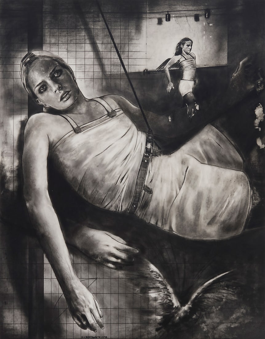 Hugo Crosthwaite (b. 1971, Mexican), "Mujer Columpiandose," 1998: Hugo Crosthwaite (b. 1971, Mexican) "Mujer Columpiandose," 1998 Graphite on glossy paper mounted to paper Signed and dated lower left: H. Crosthwaite. 1998; signed and dated again, and titled on the f