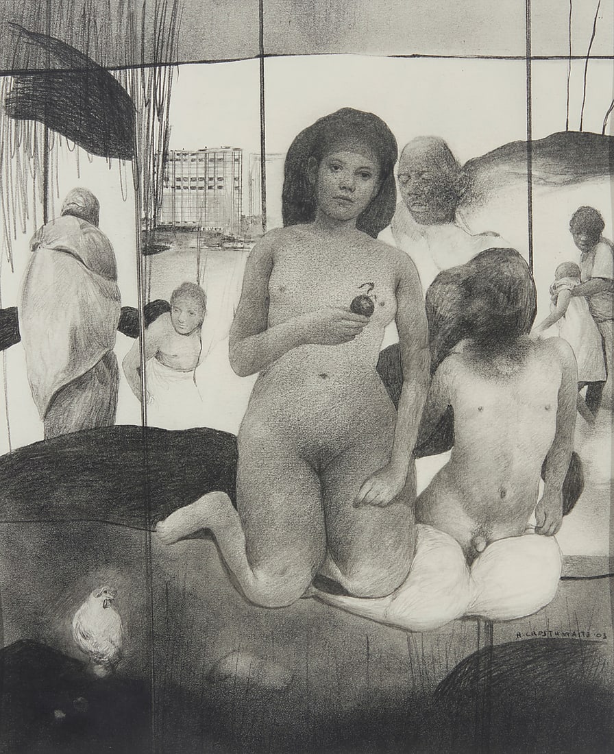 Hugo Crosthwaite (b. 1971, Mexican), Untitled, a woman holding fruit surrounded by figures, 2003 (1 of 5)