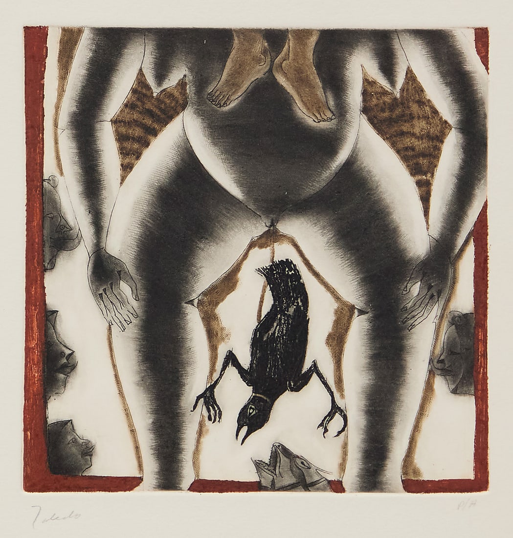 Francisco Toledo (1940-2019, Mexican), "La Mujer Prenada" from the "Sahagun" portfolio, 1974: Francisco Toledo (1940-2019, Mexican) "La Mujer Prenada" from the "Sahagun" portfolio, 1974 Etching in colors on wove paper An artist's proof, aside from the edition of 100 Signed and inscribed in pen
