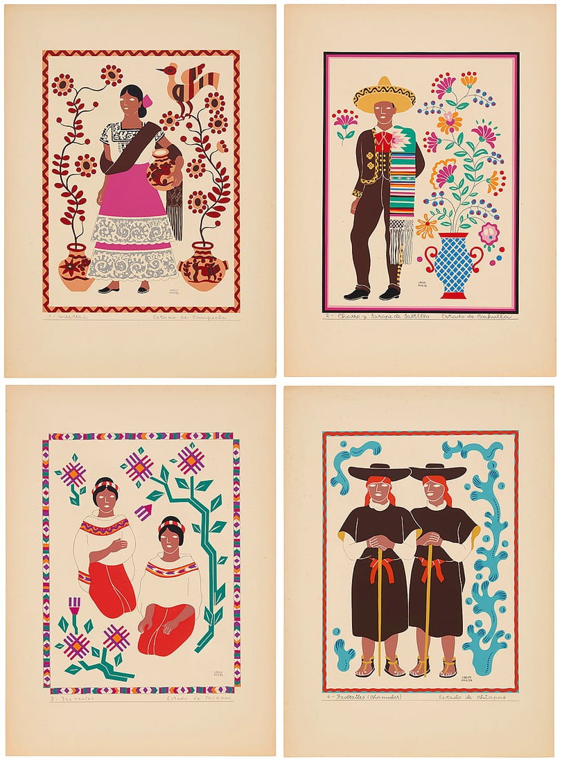Carlos Merida (1891-1984, Guatemalan), "Trajes Regionales Mexicanos" portfolio, 1945: Carlos Merida (1891-1984, Guatemalan) "Trajes Regionales Mexicanos" portfolio, 1945 Edition: 57/1000 The complete set of 25 screenprints in colors on wove paper, together with the justification page s
