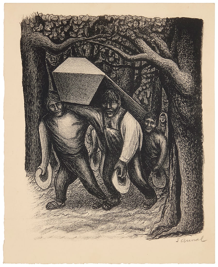 Luis Arenal Bastar (1909-1985, Mexican), Untitled (Man Carrying Boy's Coffin), 1961: Luis Arenal Bastar (1909-1985, Mexican) Untitled (Man Carrying Boy's Coffin), 1961 Lithograph on cream wove paper From the edition of unknown size (possibly from the edition of 25) Signed in pencil lo