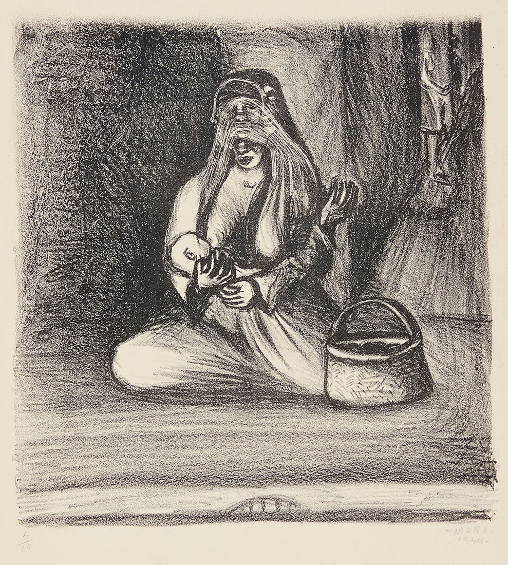 Francisco Mora (1922-2002, Mexican), Untitled (Woman with baby), 1944: Francisco Mora (1922-2002, Mexican) Untitled (Woman with baby), 1944 Lithograph on paper Edition: 5/10 Signed, dated, and numbered in pencil in the lower margin: Mora / 1944 Image: 10.5" H x 9.5" W;