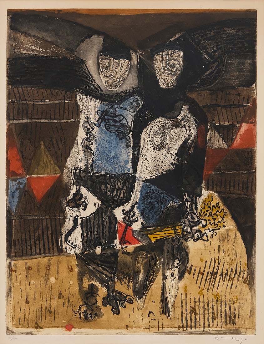 Jose Ortega (1921-1990, Spanish), "Harvesters," 1966: Jose Ortega (1921-1990, Spanish) "Harvesters," 1966 Etching and aquatint in colors on cream wove paper Edition: 76/100 Signed and numbered in pencil in the lower margin: Ortega Plate: 25.375" H x