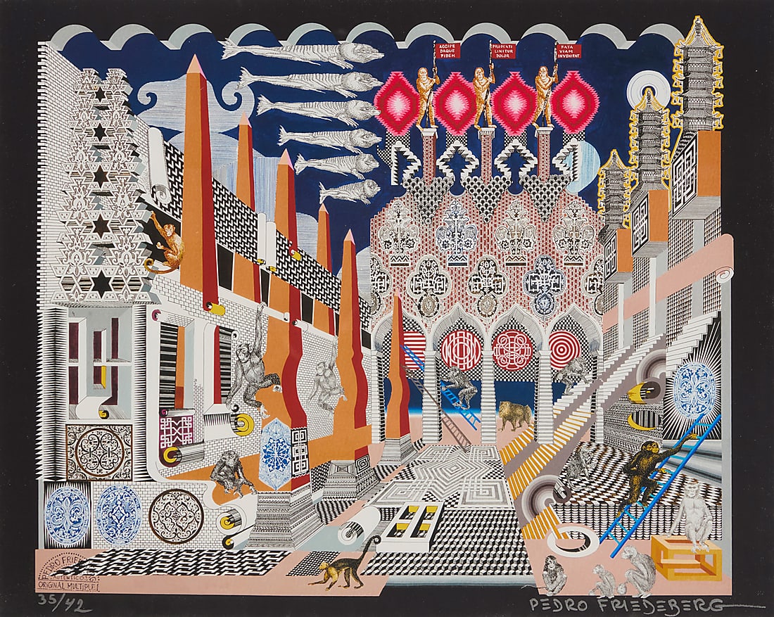 Pedro Friedeberg (1936-2026, Mexican), "Changuitos de la Ciudad" ("City Monkeys"), circa 2018: Pedro Friedeberg (1936-2026, Mexican) "Changuitos de la Ciudad" ("City Monkeys"), circa 2018 Giclee in colors on paper in artist's frame Edition: 35/42 Signed and numbered in silver ink in the lower