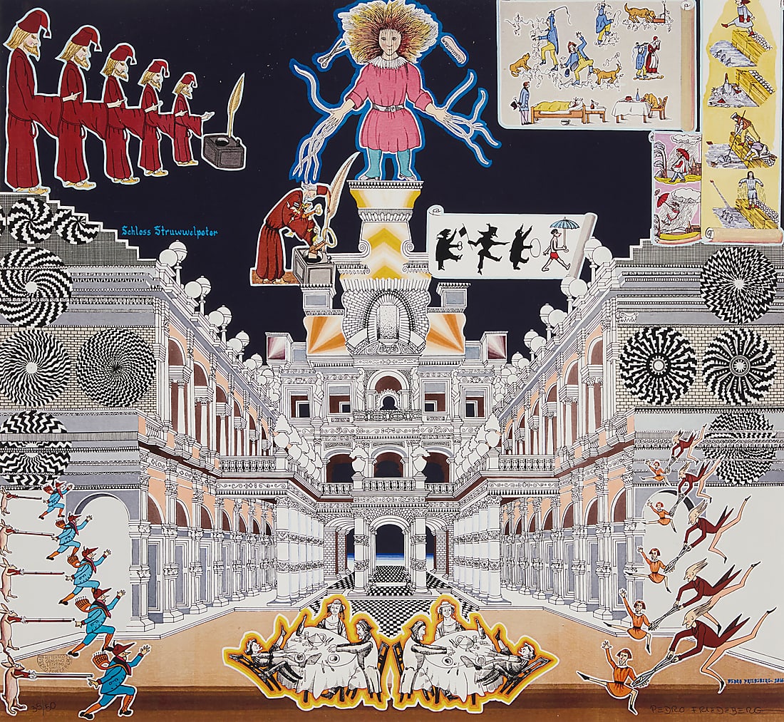 Pedro Friedeberg (1936-2026, Mexican), "Schloss Struwwelpeter," 2016: Pedro Friedeberg (1936-2026, Mexican) "Schloss Struwwelpeter," 2016 Giclee in colors on paper in artist's frame Edition: 35/50 Signed and numbered in ink in the lower right and left sheet corners: