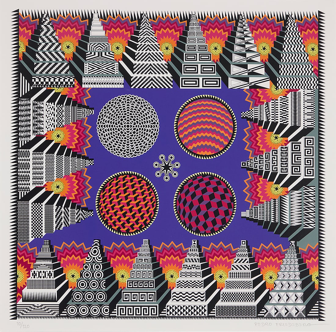 Pedro Friedeberg (1936-2026, Mexican), "Teotihuacanizacion de Mesopotamia o Soles de Niniveh": Pedro Friedeberg (1936-2026, Mexican) "Teotihuacanizacion de Mesopotamia o Soles de Niniveh" Giclee in colors on paper in artist's frame Edition: 10/120 Signed and numbered in pencil in the lower