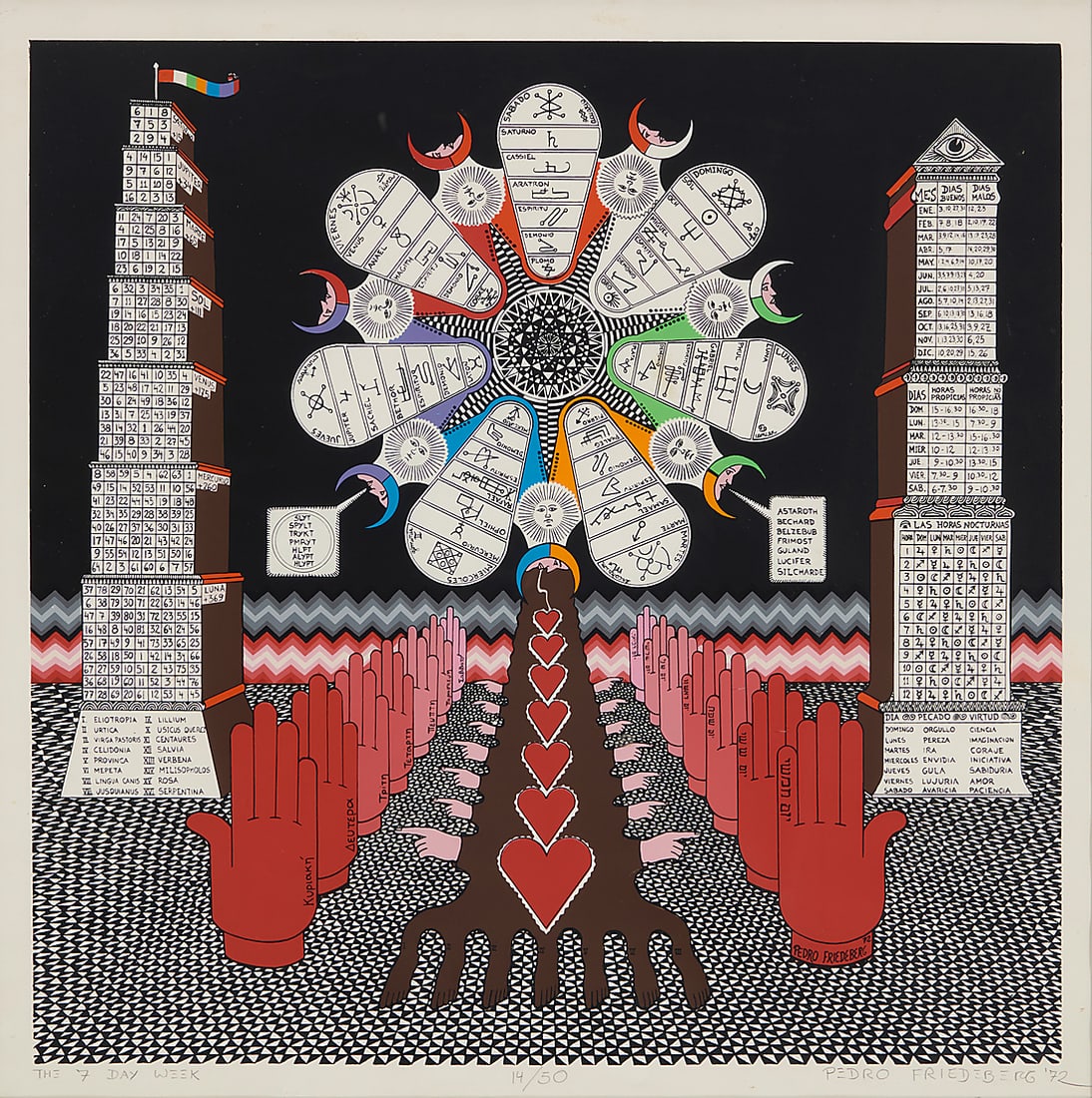 Pedro Friedeberg (1936-2026, Mexican), "La Semana de Siete Dias" ("The Week of Seven Days"), 1972: Pedro Friedeberg (1936-2026, Mexican) "La Semana de Siete Dias" ("The Week of Seven Days"), 1972 Lithograph in colors on Fabriano paper Edition: 14/50 Signed, titled, dated, and numbered in pencil in 