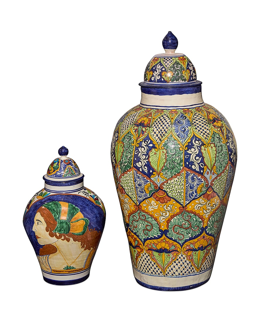 Two Mexican Talavera pottery jars: Two Mexican Talavera pottery jars Mid/late 20th century Smaller signed to underside: TALAVERA / VENEGAS / MEX; larger unmarked The enameled earthenware lidded jars each decorated with floral and folia