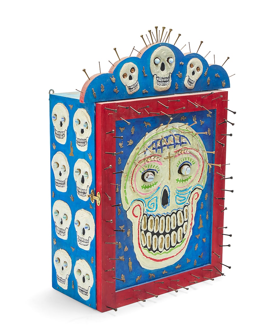 Juan Mariano Testera (20th/21st Century, Mexican), "Dia de Muertos" folk art nicho cabinet, 1993: Juan Mariano Testera (20th/21st Century, Mexican) "Dia de Muertos" folk art nicho cabinet, 1993 Signed, titled, and dated, with gift inscription: Para Ricardo y Ana / 2 de noviembre / JM TESTERA / OAX