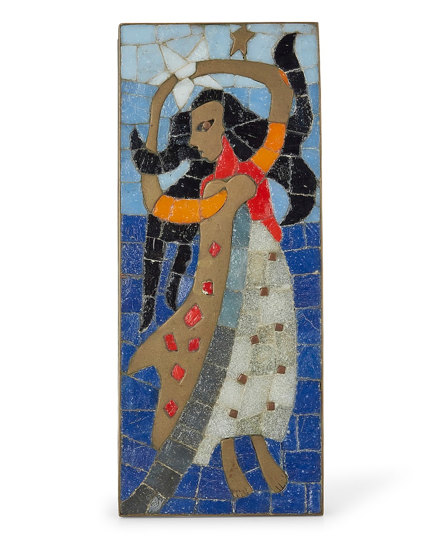 Salvador Teran (1920-1974, Mexican), A mosaic glass and brass box, mid-20th century: Salvador Teran (1920-1974, Mexican) A mosaic glass and brass box, mid-20th century Impressed to underside: SALVADOR / HECHO EN MEXICO / HANDWROUGHT / 428 Depicting a maiden hoisting a star 1.5" H x 10