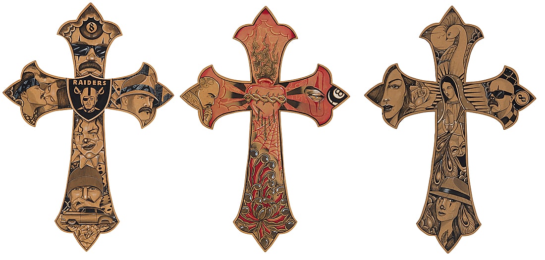 Israel Ruiz (21st Century, Hispanic), Three acrylic and gouache on board crosses, 2023: Israel Ruiz (21st Century, Hispanic) Three acrylic and gouache on board crosses, 2023 Each signed and dated; two inscribed and dated verso: Wolfryd Collection Comprising one with Raiders and lowrider 