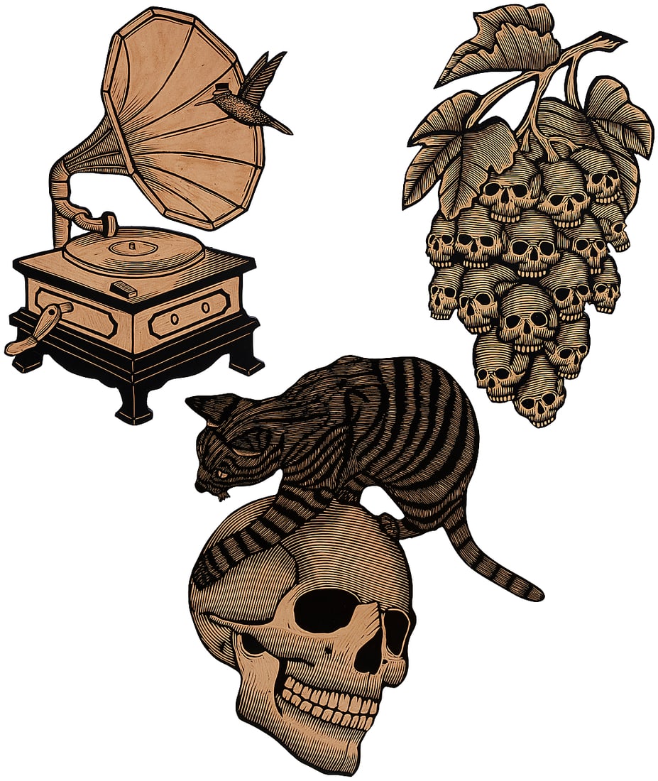 Fidel Solorzano (20th Century, Mexican), Hummingbird with phonograph, 2023; Skull grapes, 2023; Cat (1 of 11)