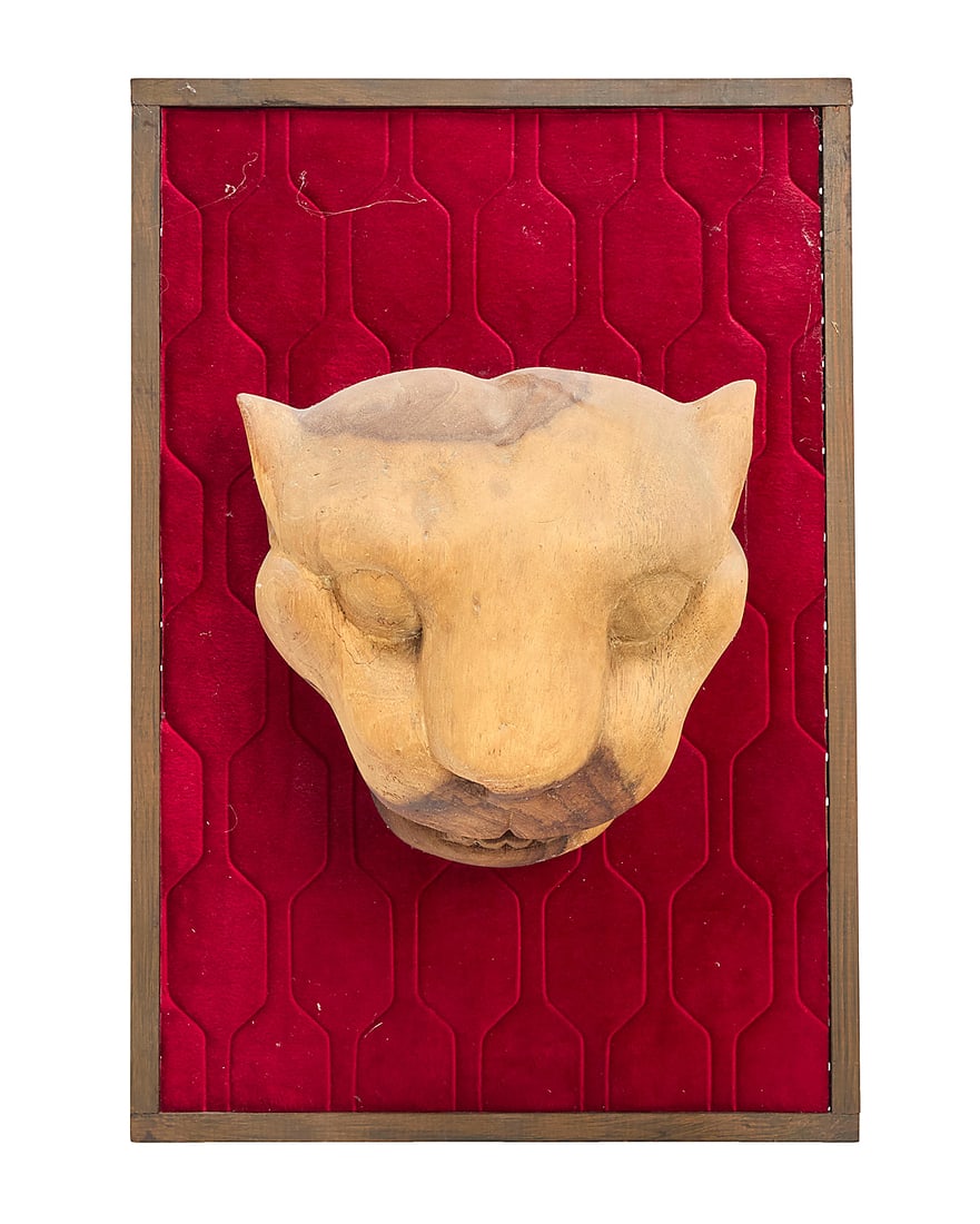 A Latin American carved wood jaguar head: A Latin American carved wood jaguar head 20th century Unmarked Mounted to a framed velvet backing Head: 11.5" H x 11.5" W x 8.375" D; Framed: 24.25" H x 16.25" W x 8.25" D