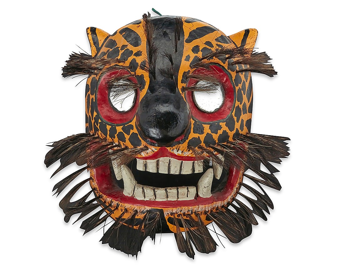 A Guatemalan polychrome carved wood jaguar dance mask (1 of 4)