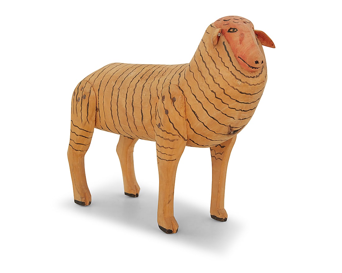 Attributed to Manuel Jimenez Ramirez (1919-2005, Mexican), A polychrome carved copal wood sheep: Attributed to Manuel Jimenez Ramirez (1919-2005, Mexican) A polychrome carved copal wood sheep alebrije, mid/late 20th century; Oaxaca, Mexico Unmarked 8.5" H x 11.75" W x 3.625" D