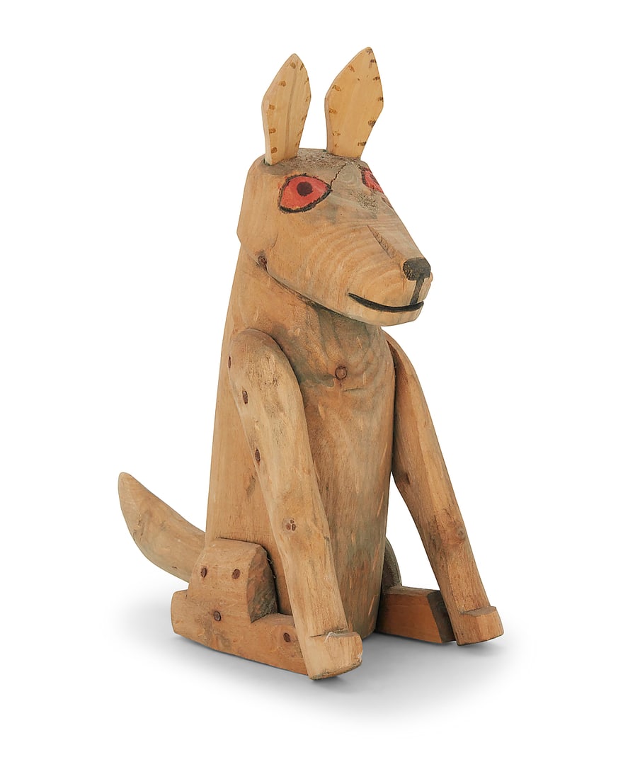 Attributed to Manuel Jimenez Ramirez (1919-2005, Mexican), A polychrome carved copal wood dog: Attributed to Manuel Jimenez Ramirez (1919-2005, Mexican) A polychrome carved copal wood dog alebrije, mid/late 20th century; Oaxaca, Mexico Unmarked 7.375" H x 6.75" W x 3" D