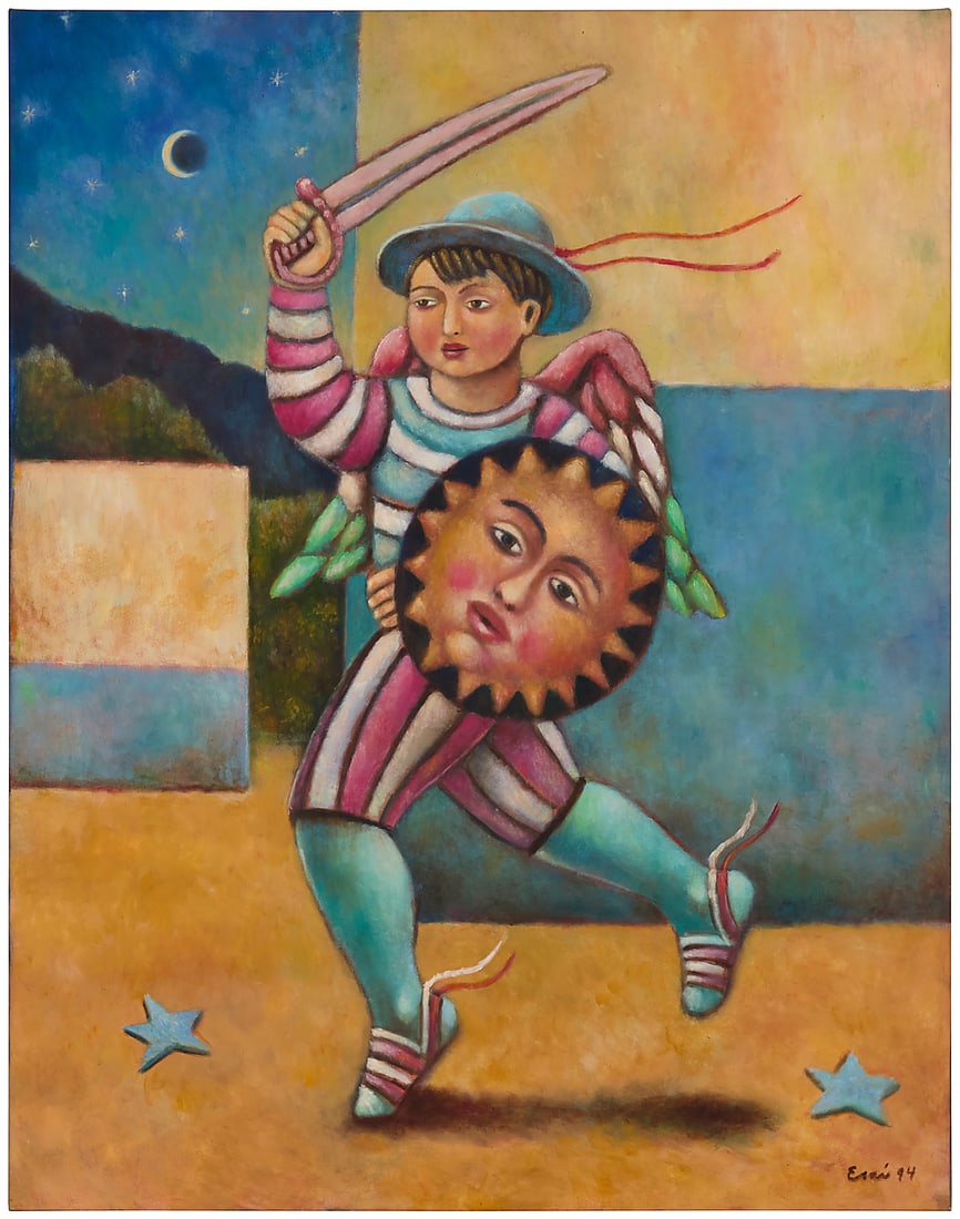 Esau Andrade (b. 1963, Mexican), Child with sword and shield, 1994: Esau Andrade (b. 1963, Mexican) Child with sword and shield, 1994 Oil on canvas Signed and dated lower right: Esau '94 46.125" H x 36.125" W