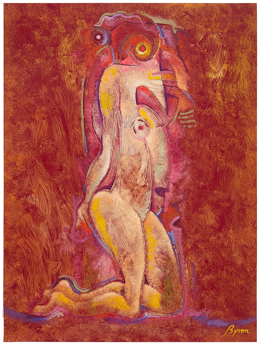 Byron Galvez (1941-2009, Mexican), Abstract figural: Byron Galvez (1941-2009, Mexican) Abstract figural Mixed media on dark red paper Signed lower right: Byron Image/Sheet: 23.5" H x 17.625" W
