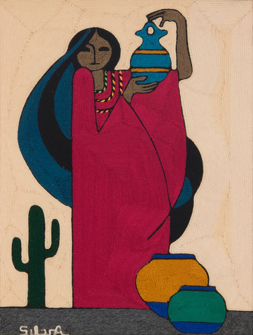 Juan Silva (b. 20th Century, Huichol): Juan Silva (b. 20th Century, Huichol) "Jarra de boda" Signed in yarn to front; signed and titled in ink verso A framed Huichol yarn painting in polychrome yarn depicting a woman in a desert landscape 