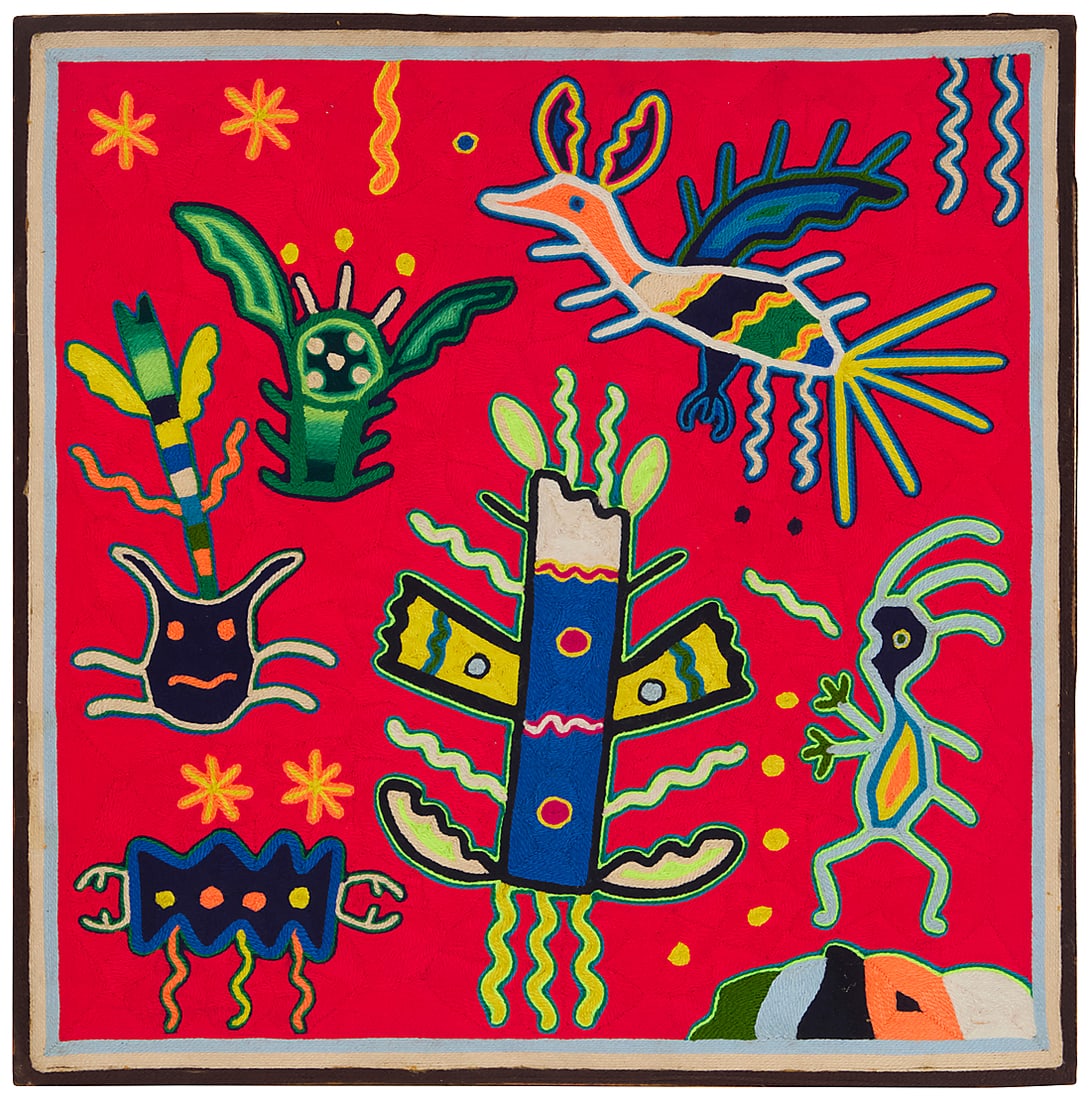 Guadalupe Gonzalez (b. 20th Century, Huichol/Wixarika): Guadalupe Gonzalez (b. 20th Century, Huichol/Wixarika) Late 20th century, Mexico Signed and inscribed in pencil verso The Wixarika yarn painting worked in polychrome yarn depicting multiple spiritual 