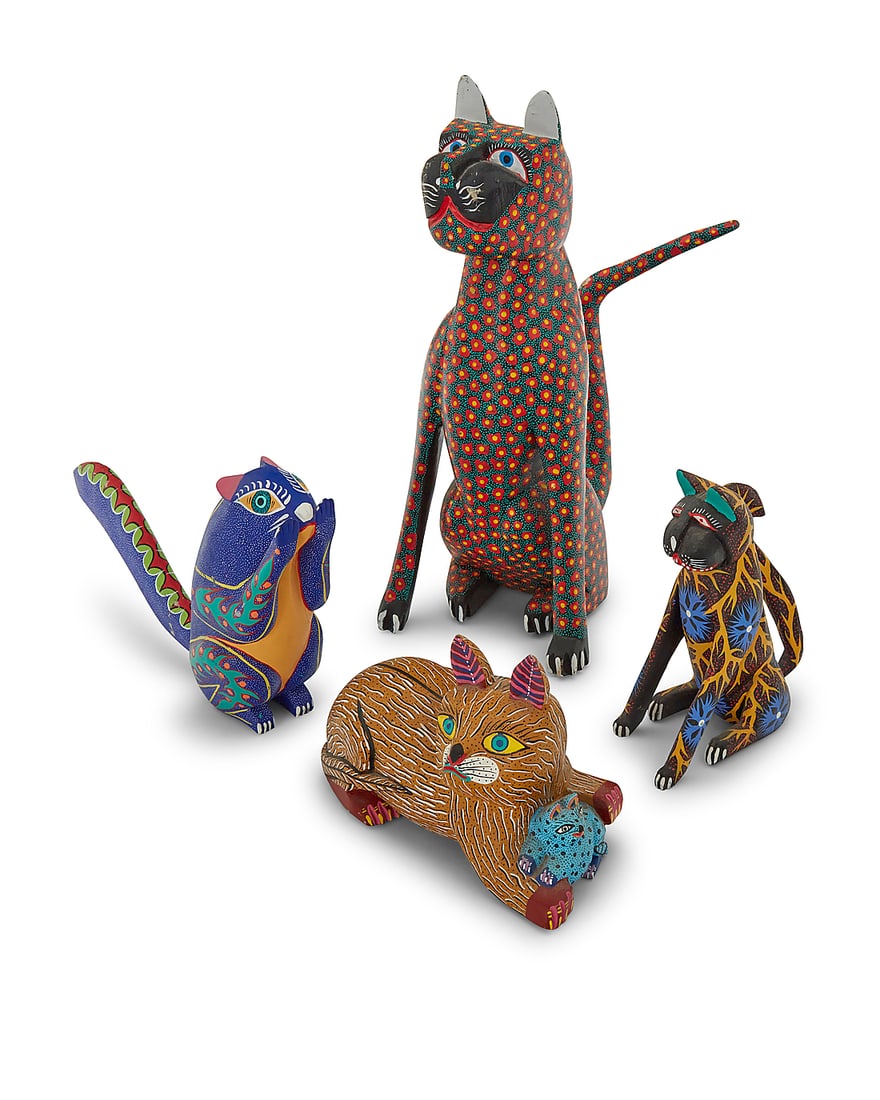 Four Mexican polychrome wood alebrijes: Four Mexican polychrome wood alebrijes Late 20th/early 21st century; Oaxaca, Mexico Tallest signed and inscribed: Pedro Hernandez Cruz / Tilcajete / OAX MEX; squirrel: Delfino Gutierrez M / Sn Martin 