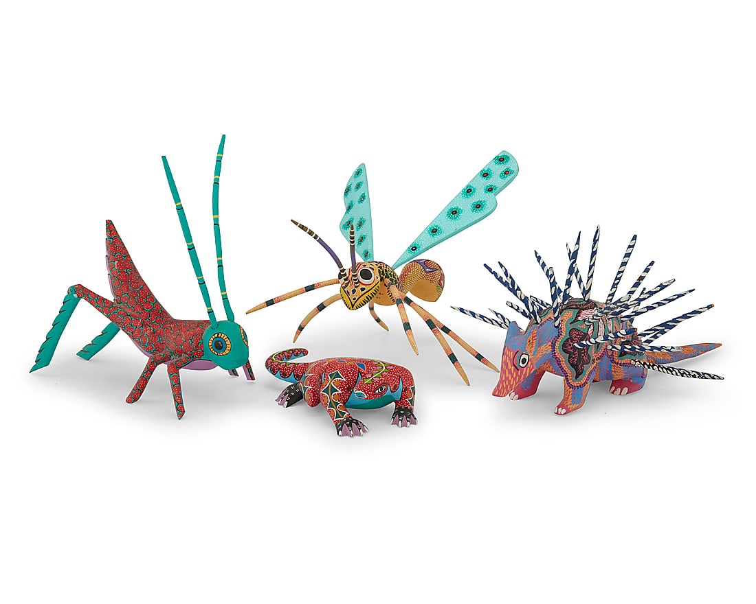 Four Mexican polychrome wood alebrijes: Four Mexican polychrome wood alebrijes Late 20th/early 21st century; Oaxaca, Mexico One signed and inscribed: Pedro Ramirez / Arrazola Xoxo / Oaxaca; the wasp: Medardo Blas; the cricket: Delfino Gutie