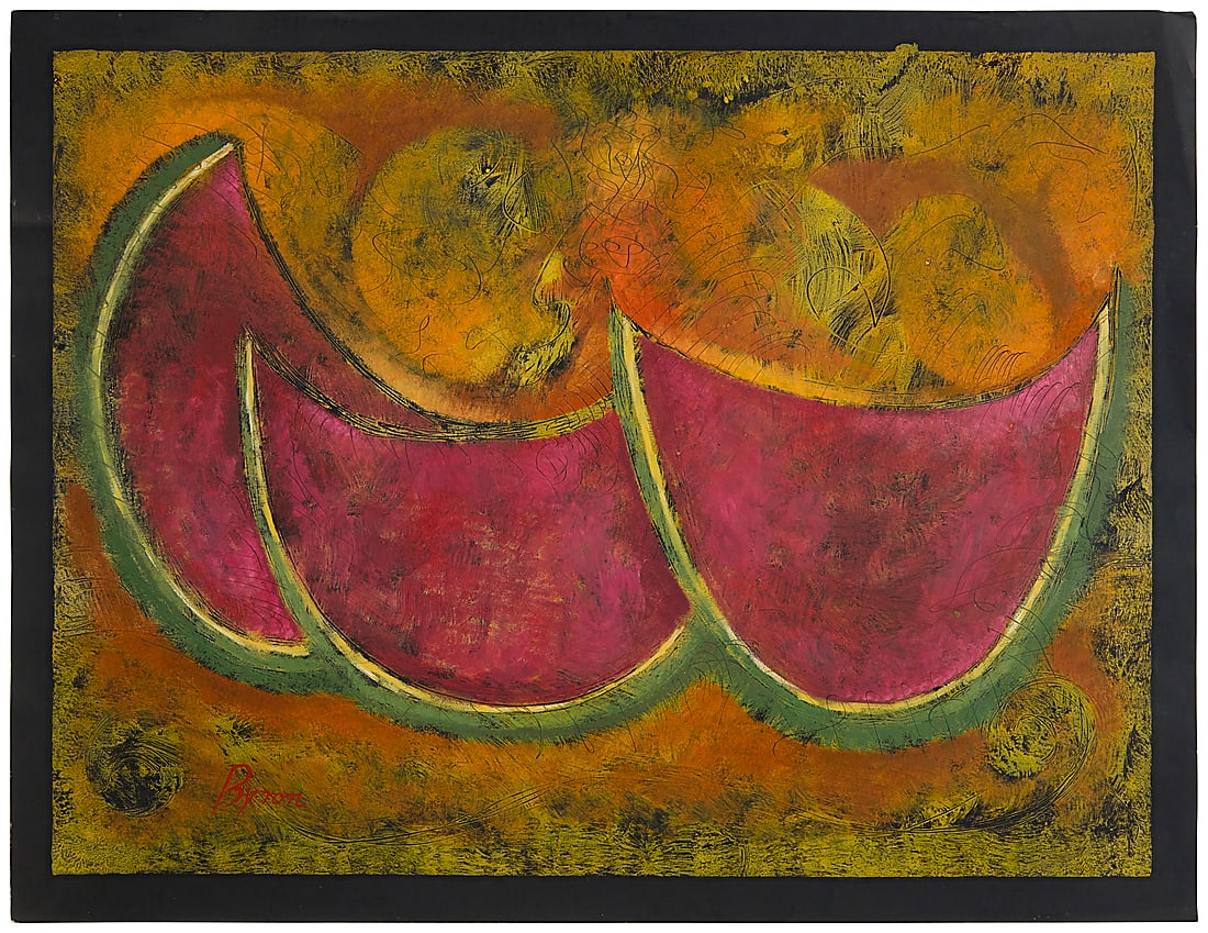 Byron Galvez (1941-2009, Mexican), Watermelons: Byron Galvez (1941-2009, Mexican) Watermelons Mixed media on black paper Signed lower left: Byron Image: 17.75" H x 23.75" W; Sheet: 19.625" H x 25.5" W