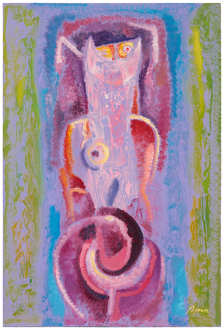 Byron Galvez (1941-2009, Mexican), Abstract composition: Byron Galvez (1941-2009, Mexican) Abstract composition Mixed media on purple paper Signed lower right: Byron Image/Sheet: 18.625" H x 12.625" W