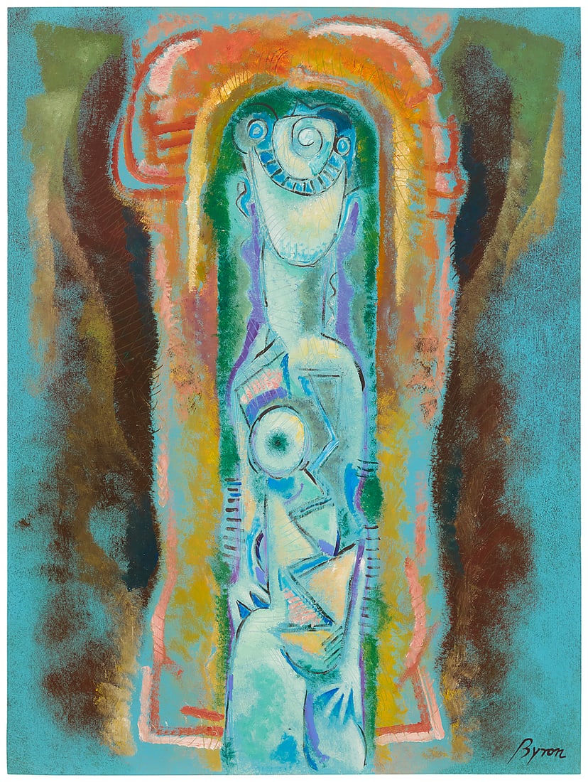 Byron Galvez (1941-2009, Mexican), Abstract figural: Byron Galvez (1941-2009, Mexican) Abstract figural Mixed media on blue paper Signed lower right: Byron Image/Sheet: 23.5" H x 17.625" W