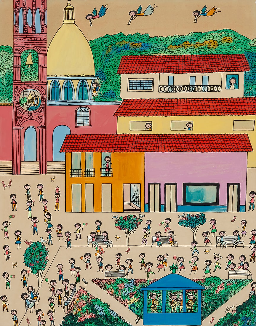 Manuel Lepe (1936-1984, Mexican), People in a town square: Manuel Lepe (1936-1984, Mexican) People in a town square Mixed media on paper Signed lower right: Lepe. 27.5" H x 21.75" W