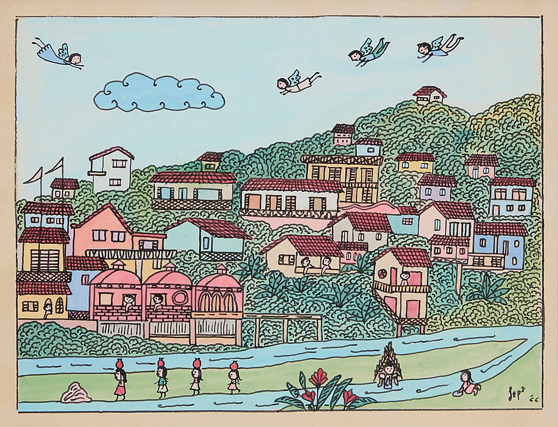 Manuel Lepe (1936-1984, Mexican), Hillside village near a river, 1966 (1 of 5)