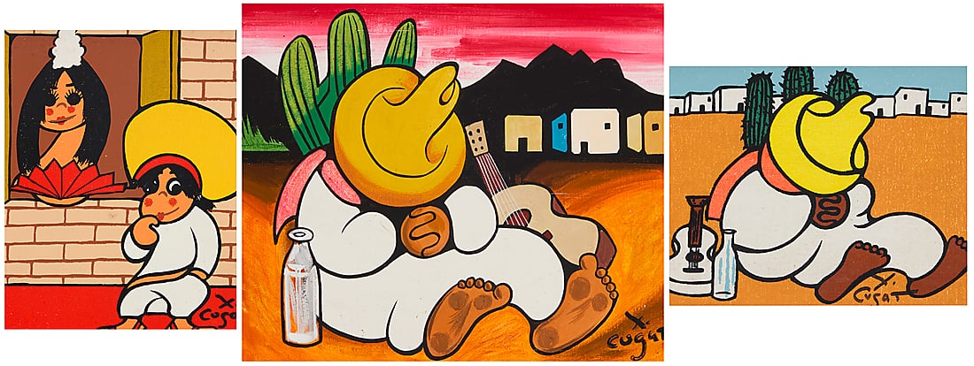 Xavier Cugat (1900-1990, Spanish-American): Xavier Cugat (1900-1990, Spanish-American) Three works: Two figures Oil on canvasboard Signed lower right: X. / Cugat 10" H x 8" W Sleeping man in sombrero Oil on canvasboard Signed lower rig