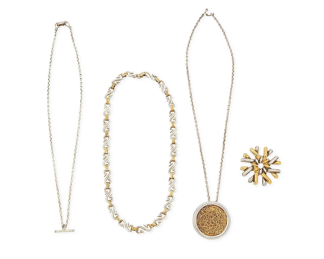 A group of Tane sterling silver and vermeil jewelry: A group of Tane sterling silver and vermeil jewelry Late 20th century Five stamped: Tane; further variously stamped: MEX / 925 / ME 33 / ME 32 Comprising a sterling silver and vermeil starburst knotwo