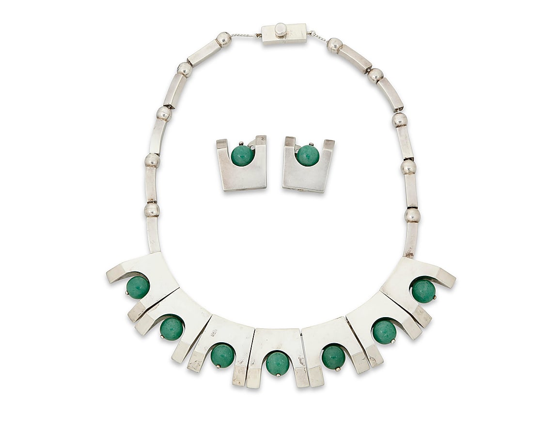 Antonio Pineda (1919-2009, Mexican): Antonio Pineda (1919-2009, Mexican) A set of Mexican silver and aventurine jewelry Circa 1953-1980; Taxco, Mexico Clasp stamped with crown mark for Antonio Pineda; further stamped: Taxco / Mexico / CM