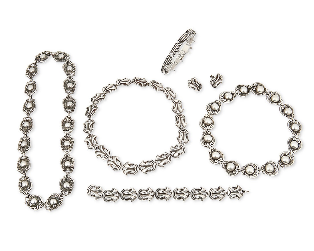 Margot Van Voorhies (aka Margot de Taxco, ca. 1896-1985, American): Margot Van Voorhies (aka Margot de Taxco, ca. 1896-1985, American) A group of Mexican silver jewelry Circa 1948-1978; Taxco, Mexico Each stamped: Margot de Taxco / Sterling / Made in Mexico / [Eagle 1