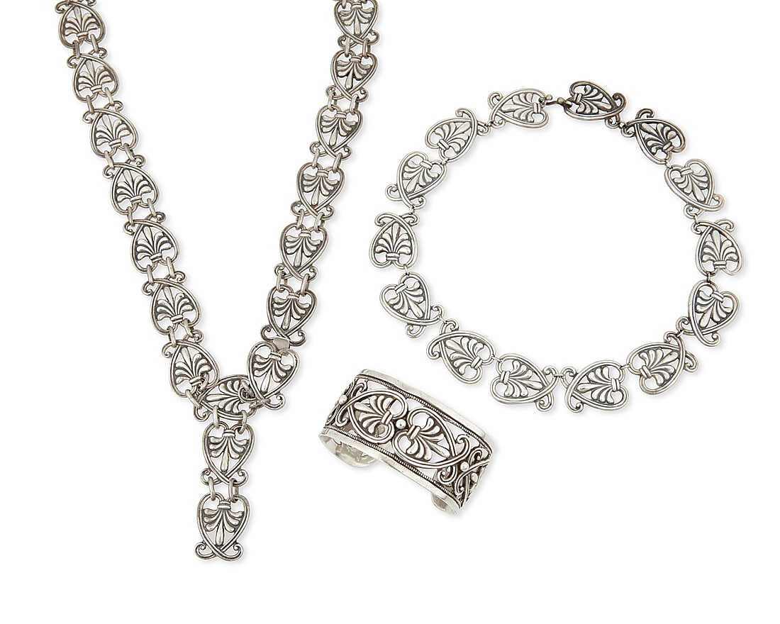 Margot Van Voorhies (aka Margot de Taxco, ca. 1896-1985, American): Margot Van Voorhies (aka Margot de Taxco, ca. 1896-1985, American) A suite of Mexican silver jewelry Circa 1948-1978; Taxco, Mexico Each stamped: Margot de Taxco / Sterling / Made in Mexico / [Eagle 1