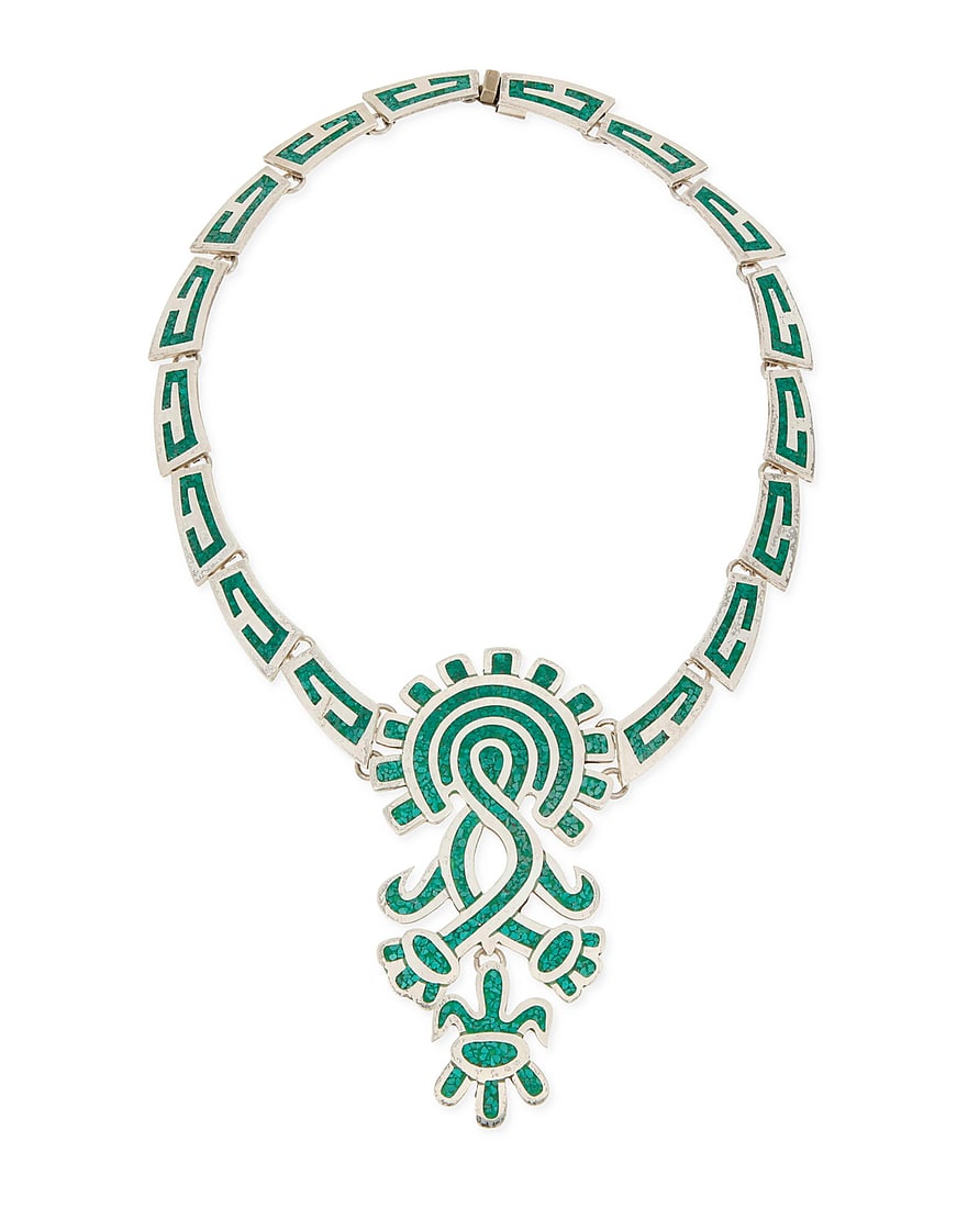 A Mexican silver chip inlay necklace: A Mexican silver chip inlay necklace Late 20th century or later Stamped: Mexico / TO-01 / 925 A collar necklace with graduated links of chipped green stone channel inlay suspending a central stylized 