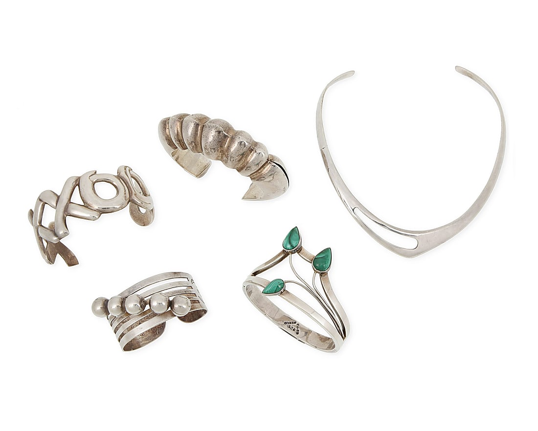 A group of Mexican-style silver and set stone jewelry: A group of Mexican-style silver and set stone jewelry Mid/late 20th century Four variously marked for sterling and three for Mexico; further variously marked: TE-20 / TB-88 / TH-01 / S [within a trian