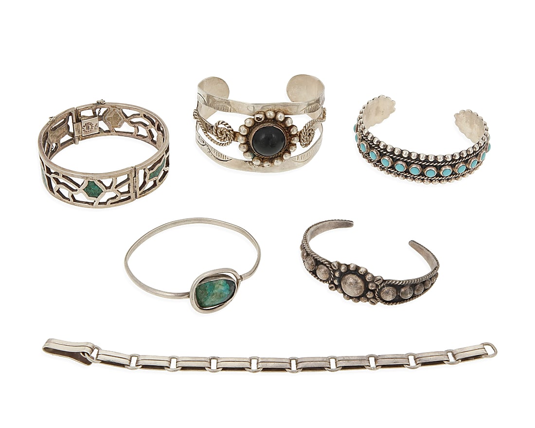 Seven Mexican silver and set stone bracelets (1 of 2)