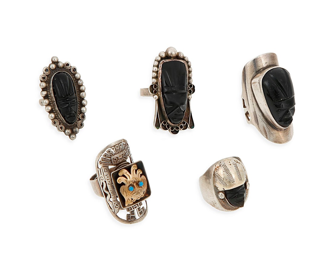Five Mexican silver and hardstone rings (1 of 2)