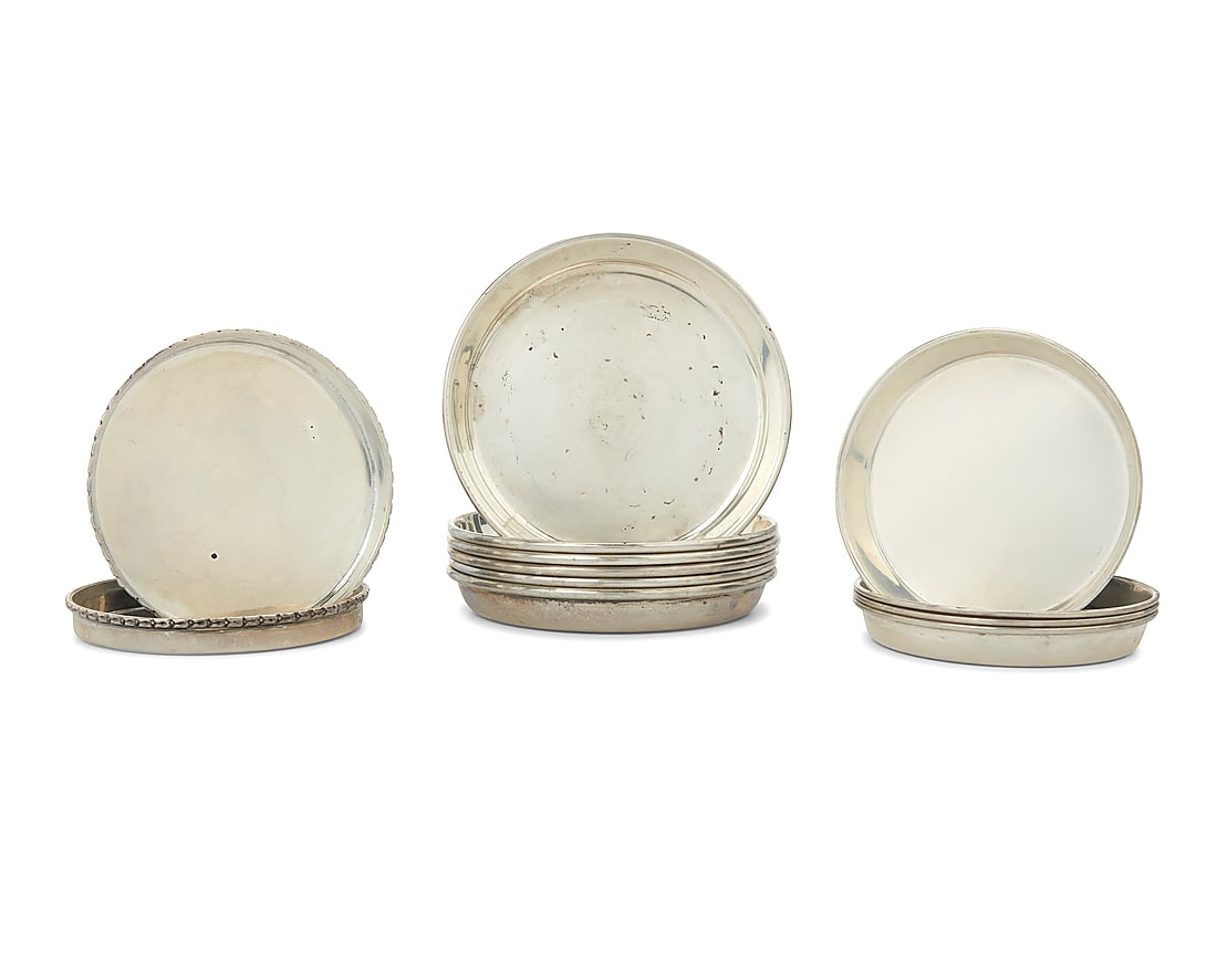 A group of twelve sterling silver trays Mid-20th century Each marked for sterling; six marked: S.: A group of twelve sterling silver trays Mid-20th century Each marked for sterling; six marked: S. KIRK & SON; the other six marked: PP [Petersen, Ontario] Comprising a set of six, a set of four, and a