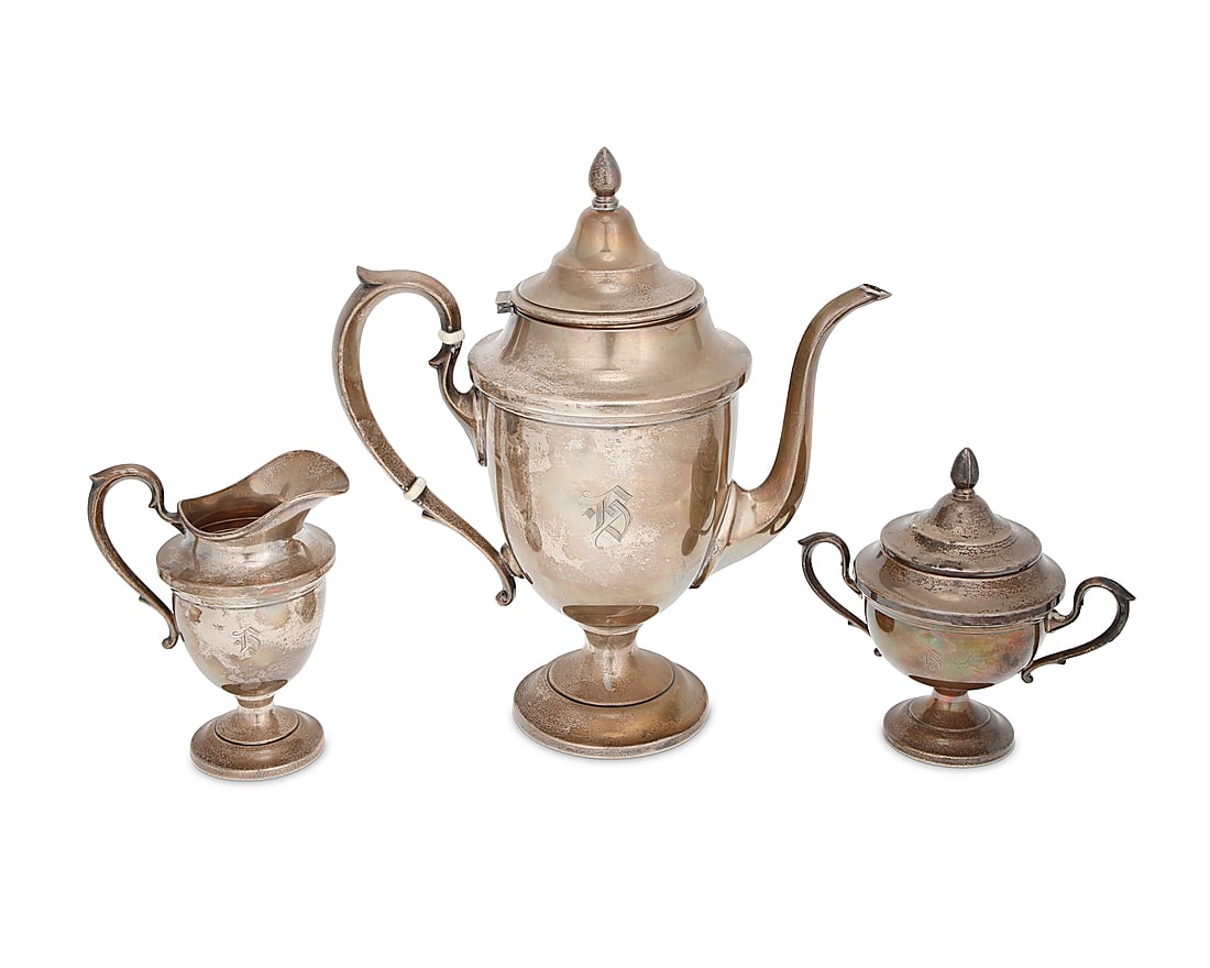 A Hunt sterling silver coffee service Early/mid-20th century Each marked: Hunt Silver / Sterling /: A Hunt sterling silver coffee service Early/mid-20th century Each marked: Hunt Silver / Sterling / 175; each monogrammed: B Comprising: Coffee pot (11.25" H x 10" W x 5.125" D) Covered sugar (5.875" H