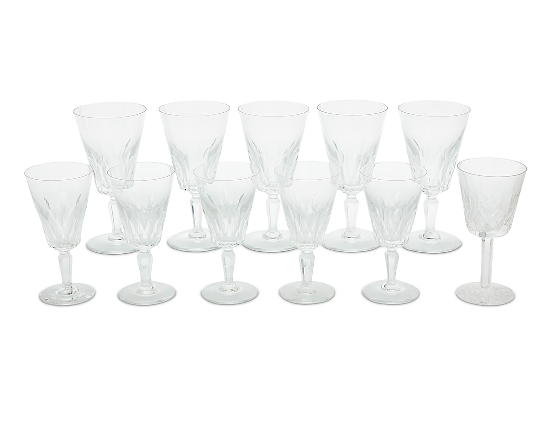 A group of ten Baccarat glass 'Carcassonne' stems 20th century Each etched with factory marks; one: A group of ten Baccarat glass 'Carcassonne' stems 20th century Each etched with factory marks; one marked for Waterford Comprising: 5 tall water goblets (7") 5 claret wine glasses (5.875") Together wi