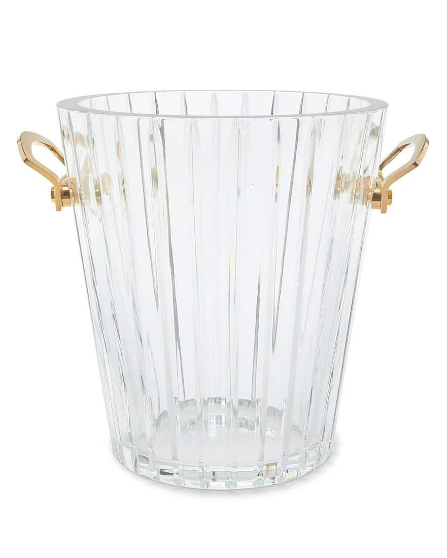 A Baccarat glass 'Harmonie' champagne bucket: A Baccarat glass 'Harmonie' champagne bucket Late 20th century With etched factory mark With gilt metal handles, with factory box Bucket: 9.125" H x 10.25" W x 8.25" D; Box: 12.75" H x 10.25" W x 10" 