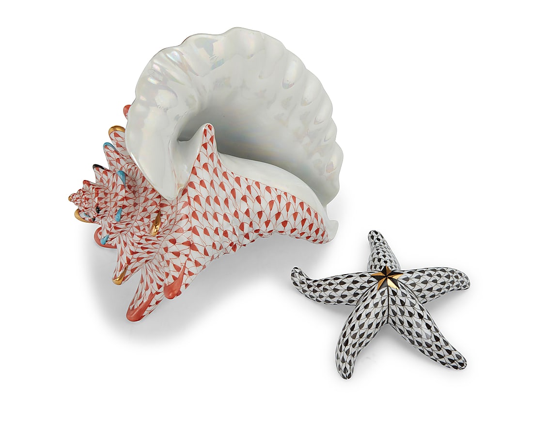 A Herend porcelain fishnet conch shell and starfish (1 of 4)