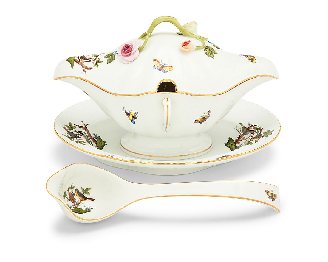 A Herend porcelain 'Rothschild Bird' covered gravy boat on stand and ladle Late 20th century Each (1 of 3)