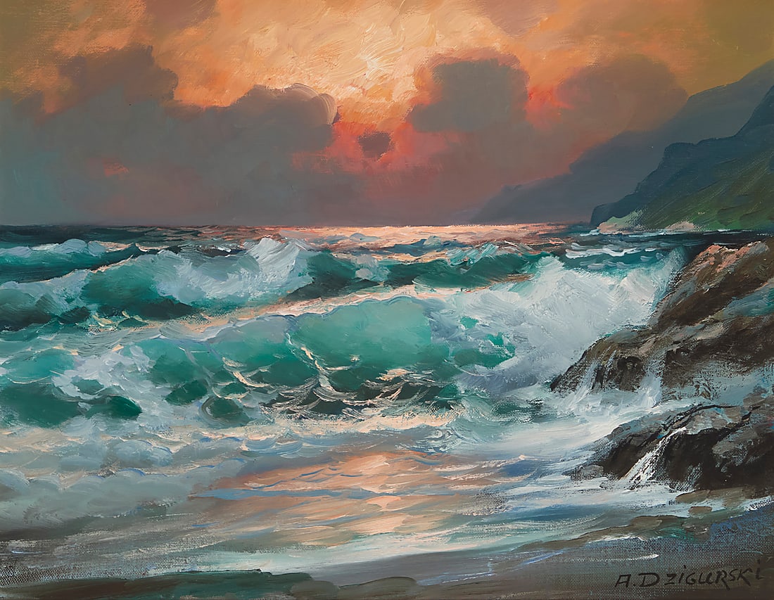 Alex Dzigurski (1911-1995) "Sunset Surf" Oil on canvas Signed lower right: A. Dzigurski; the: Alex Dzigurski (1911-1995) "Sunset Surf" Oil on canvas Signed lower right: A. Dzigurski; the artist's copyright ink stamp, verso; titled (likely in another hand) on a slip of paper taped to the verso 