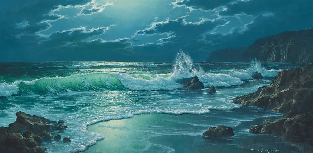 Anton Gutknecht (1907-1988) Coastal waves in the moonlight Oil on canvas Signed lower right: (1 of 6)
