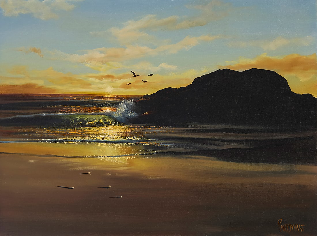 Violet Parkhurst (1921-2008), A sunset seascape: Violet Parkhurst (1921-2008) A sunset seascape Oil on canvas Signed lower right: Parkhurst; stamped in black ink verso: "Reproduction / rights reserved / by artist / Violet R. Parkhurst" 18 x 24in