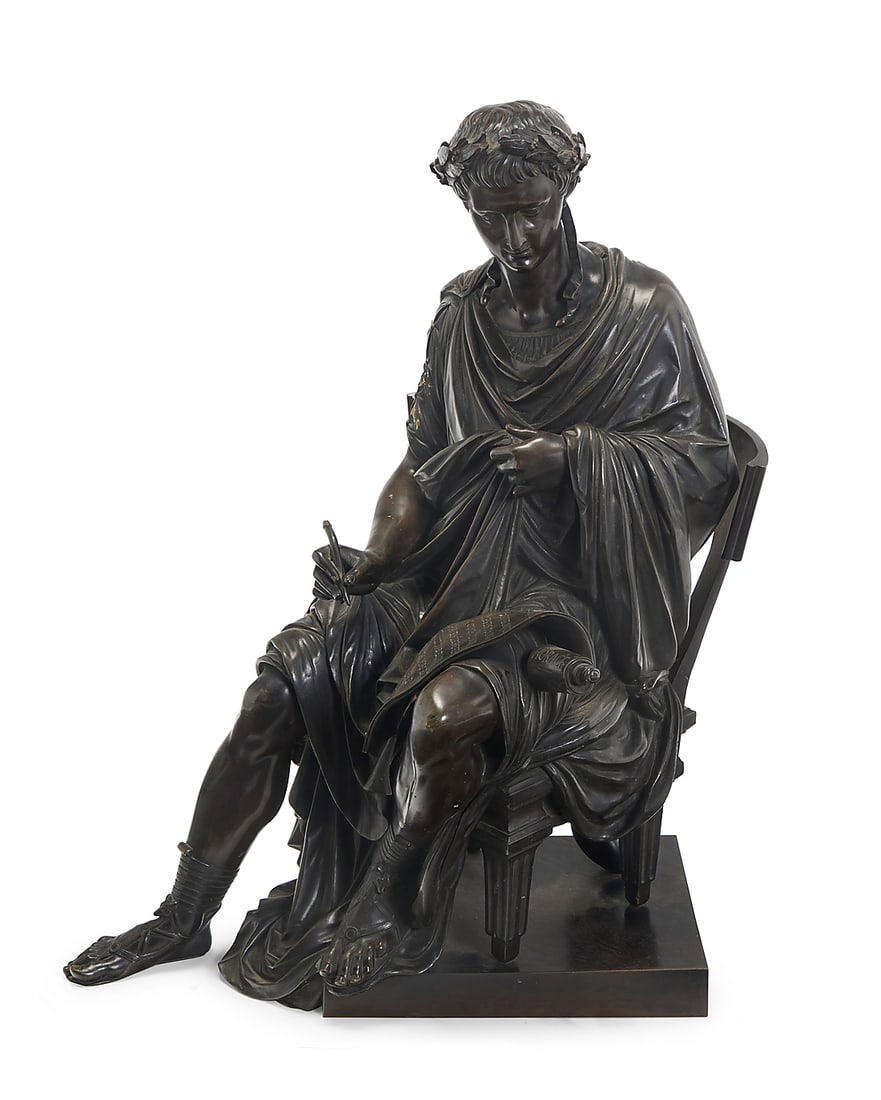 A French patinated bronze figure of Horace: A French patinated bronze figure of Horace After Antoine-Pierre Aubert (1853-1912), 20th century Base impressed verso: 5459 25.75" H x 16.5" W x 18.5" D Provenance: Private estate, California